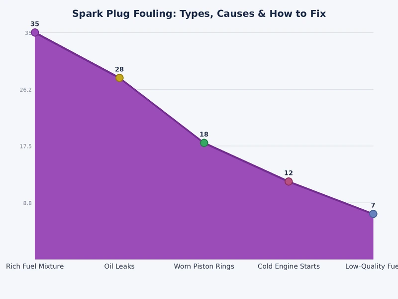 Bar chart showing frequency of spark plug fouling causes including carbon, oil, fuel, and coolant deposits