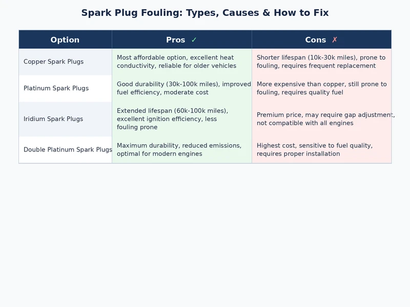 Comparison chart of spark plug fouling types showing carbon, oil, fuel, and coolant deposit characteristics