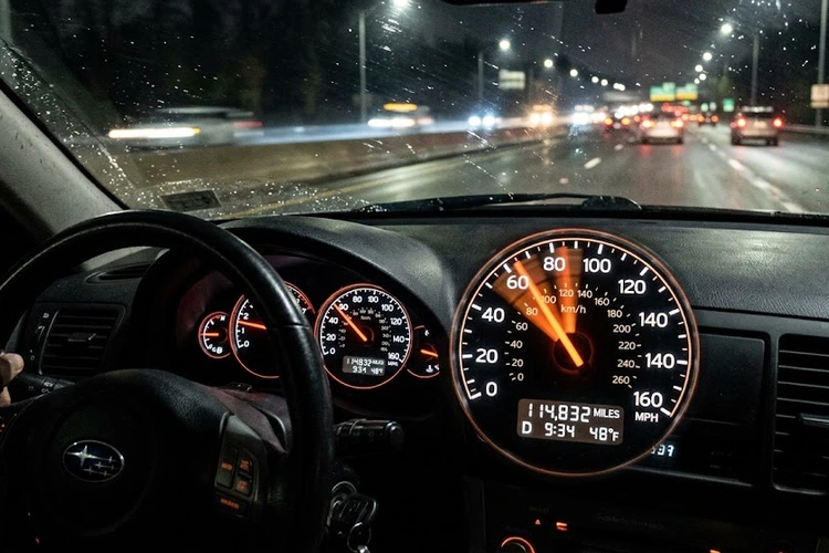 Speedometer needle bouncing erratically on a car dashboard instrument cluster