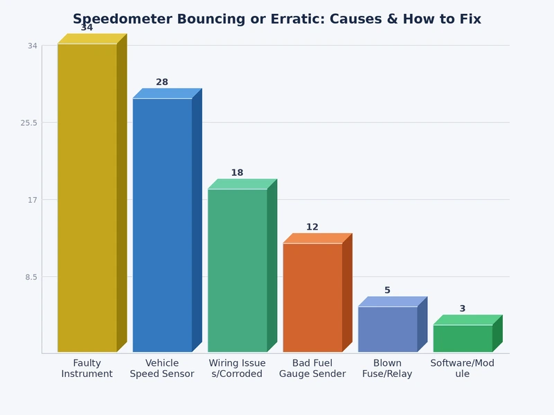 Bar chart comparing frequency of speedometer bouncing causes including VSS failure, wiring faults, instrument cluster issues, and cable damage