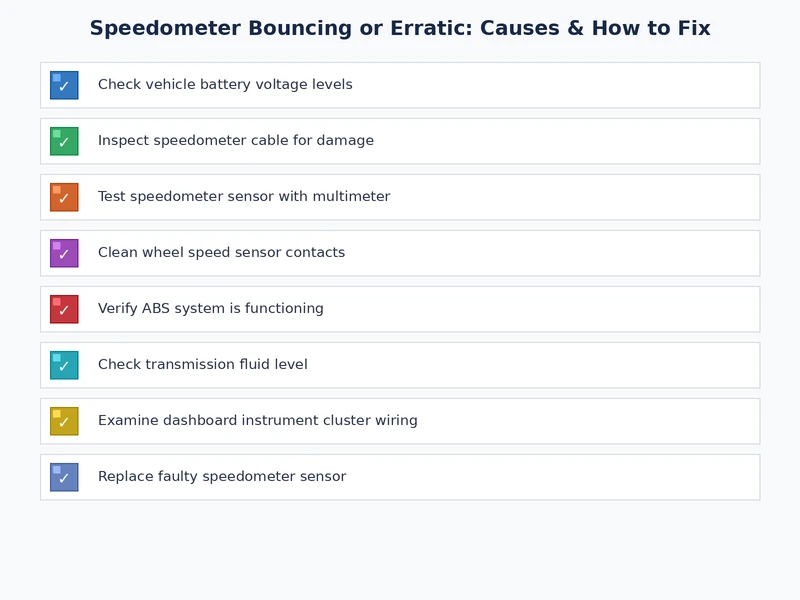 Diagnostic checklist for speedometer bouncing erratic including VSS inspection, wiring check, OBD-II scan, and cluster test steps
