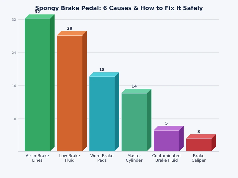 Bar chart ranking the six primary causes of spongy brake pedal by frequency of occurrence and average repair cost