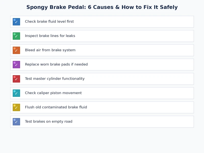 Inspection checklist for diagnosing all six spongy brake pedal causes from fluid condition to caliper seal integrity