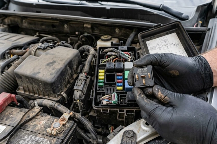 Hand holding a removed automotive starter relay next to an open under-hood fuse and relay box, showing the relay's terminals and the empty slot it was pulled from.
