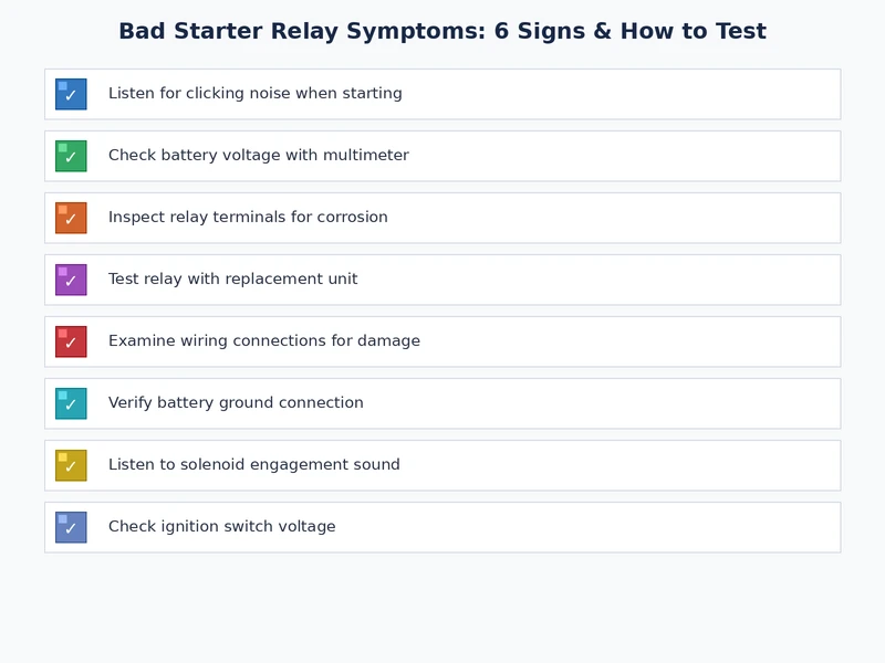 Diagnostic checklist for bad starter relay symptoms and testing steps