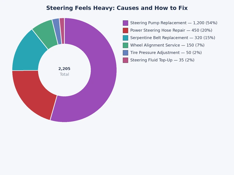 Bar chart ranking the most common causes of heavy steering by frequency reported in repair shop diagnostics