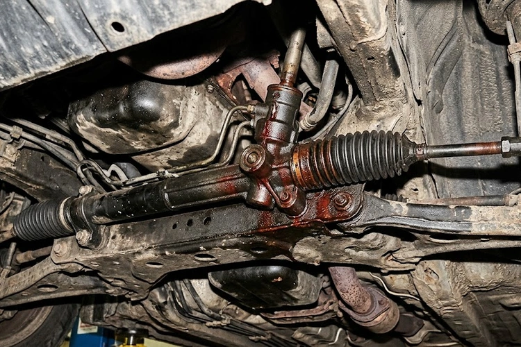 Under-vehicle view showing a rack and pinion steering assembly with reddish fluid seepage and staining around the rack boot and pinion housing, the subframe and tie rods visible nearby.