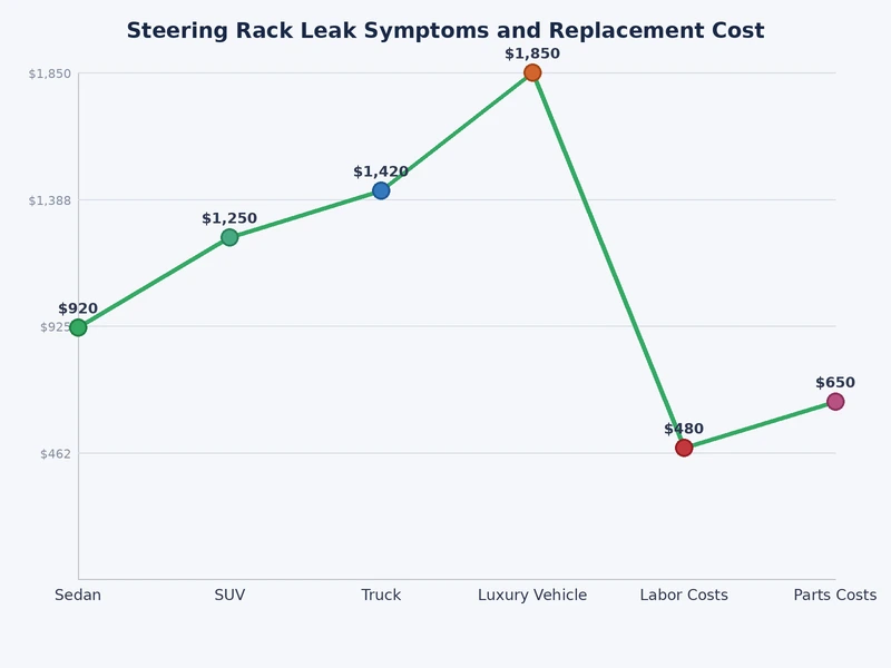 Chart ranking steering rack leak symptoms by severity from minor seepage to critical steering failure