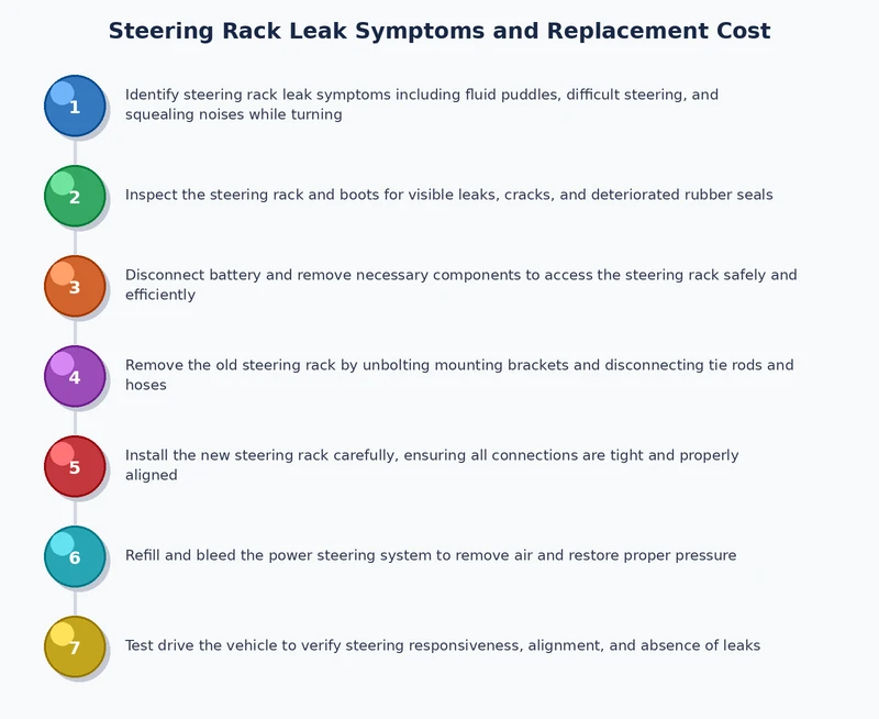 Step-by-step repair process flowchart for steering rack leak symptoms from diagnosis to alignment check