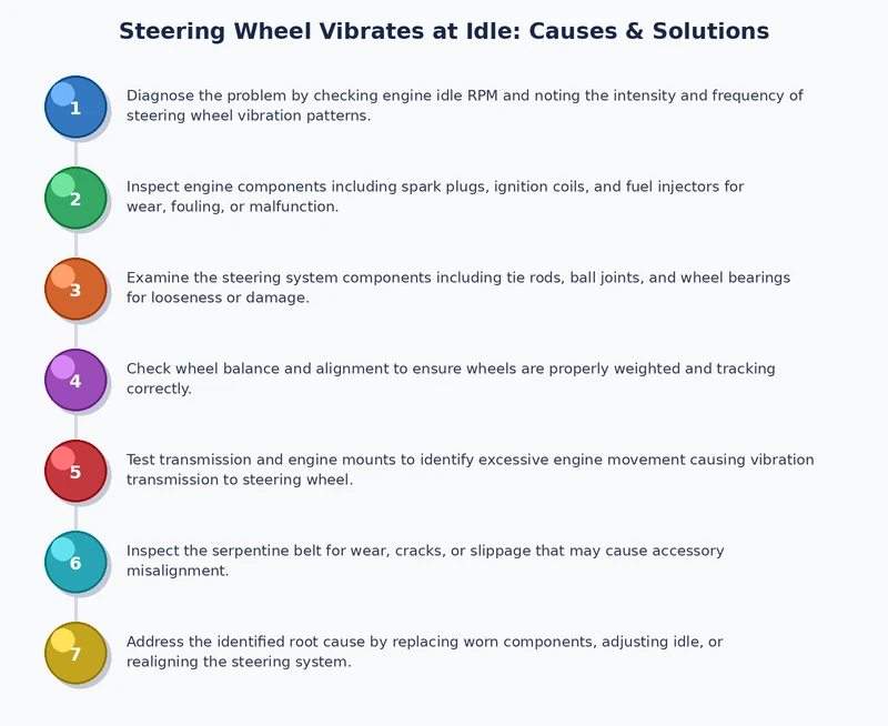 step-by-step diagnostic flowchart for steering wheel vibration at idle from visual check to component testing