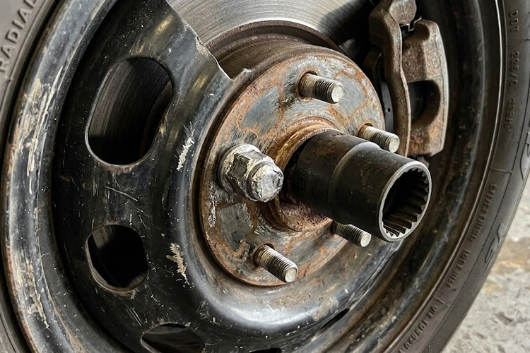 Stripped lug nut removal using an extractor socket on a vehicle wheel hub