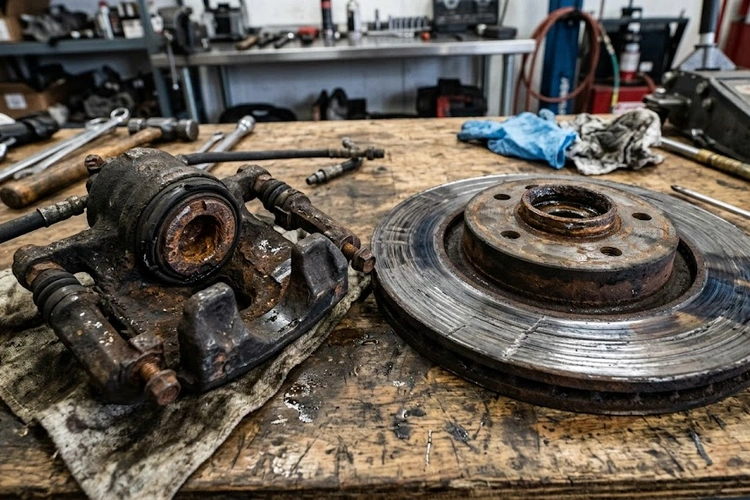 stuck brake caliper symptoms — seized caliper with heat-discolored rotor and worn brake pad