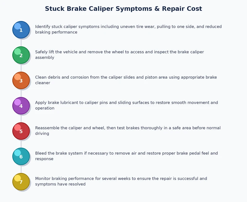 process diagram showing steps to diagnose and repair stuck brake caliper symptoms