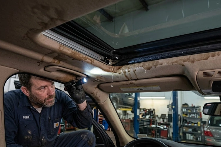 Sunroof leaking water through clogged drain tube with wet headliner visible