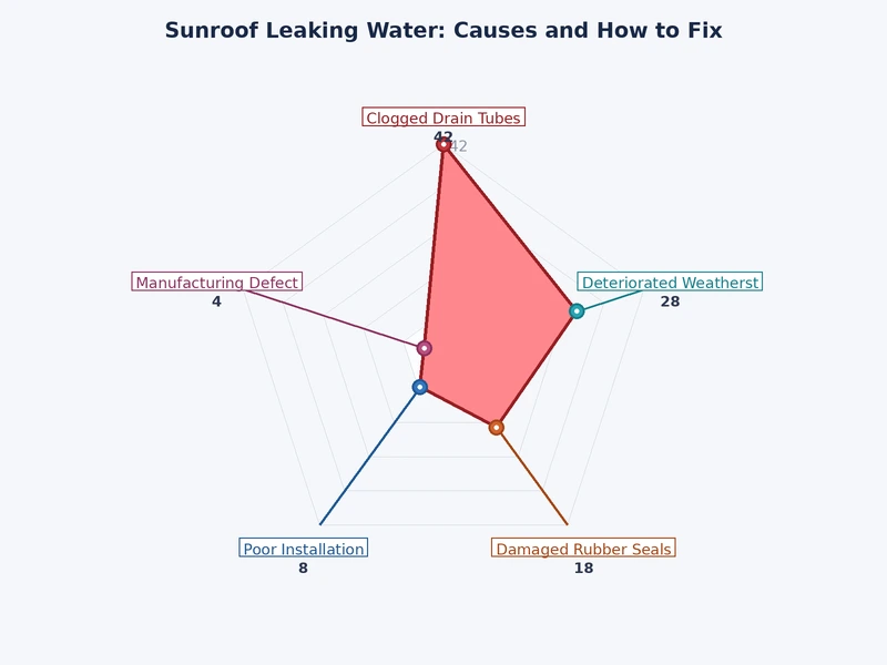 Bar chart showing frequency of sunroof leaking water causes including clogged drains, worn seals, and misalignment