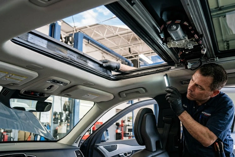 sunroof won't close — open panoramic glass sunroof on a car parked outdoors