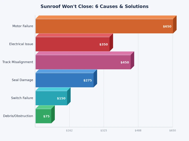 bar chart ranking the six most common reasons a sunroof won't close by frequency