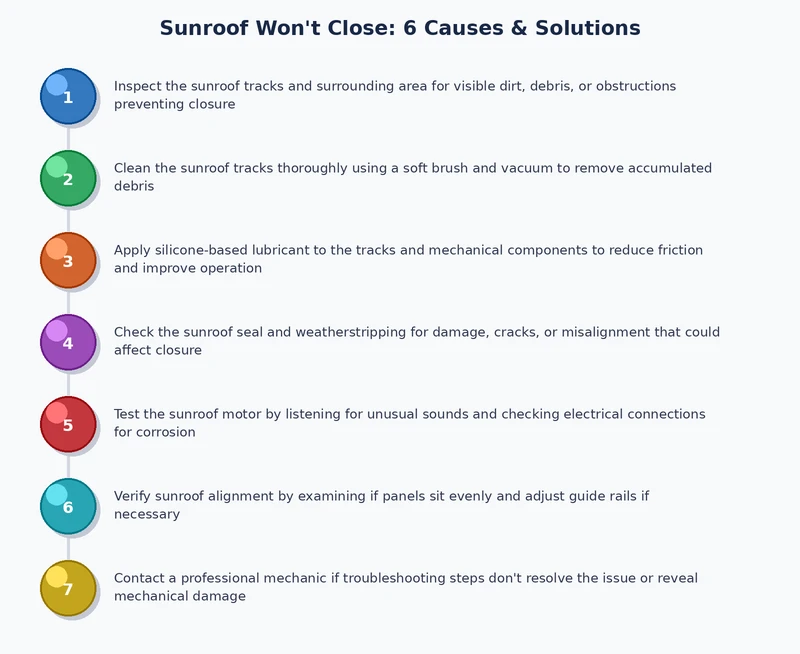 step-by-step diagnostic process diagram for a sunroof that won't close