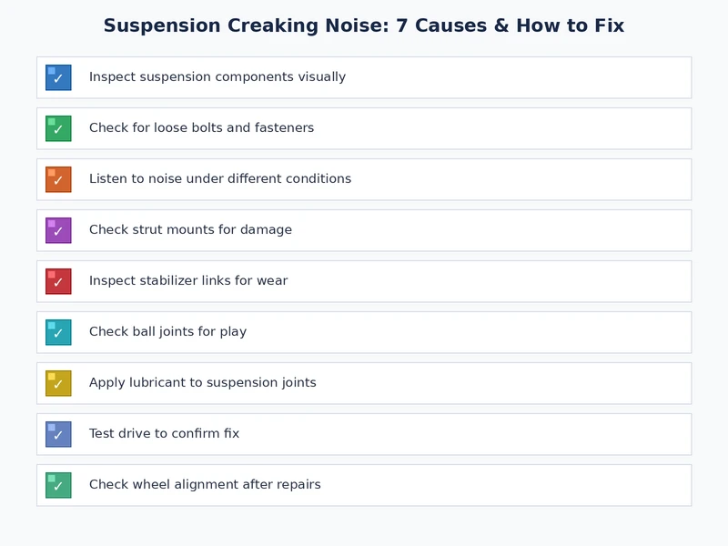 Visual checklist of 7 suspension creaking noise causes with repair difficulty and cost comparison