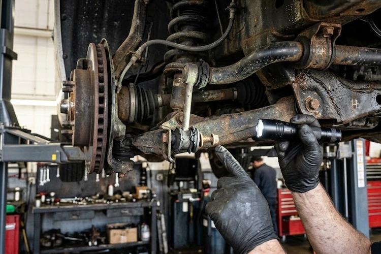 Mechanic inspecting sway bar link symptoms on a vehicle raised on a service lift