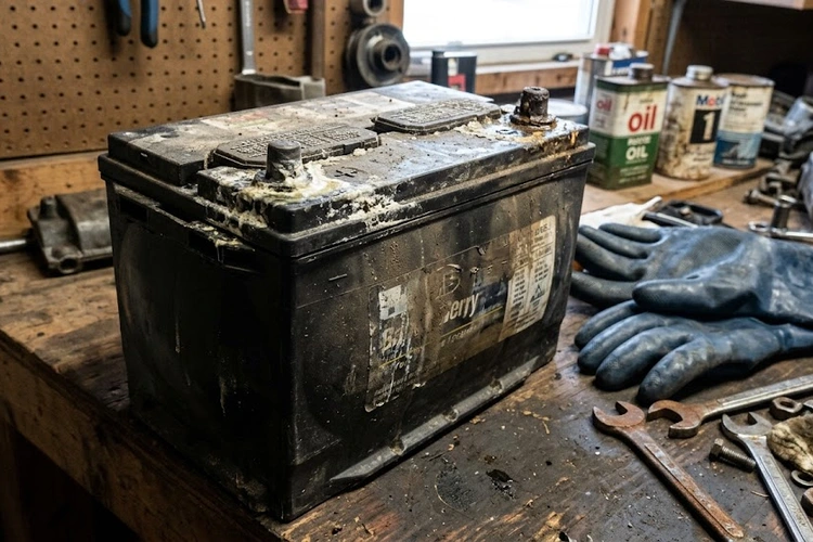 Swollen car battery with visibly bulging sides sitting in engine bay