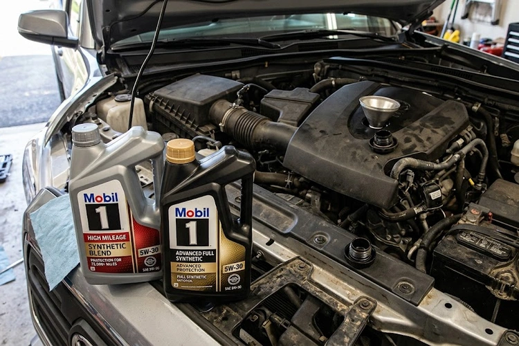 synthetic blend vs full synthetic oil bottles side by side on a workbench