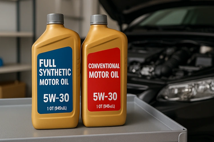 synthetic oil vs conventional oil bottles side by side on a workbench