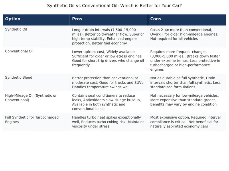 comparison table showing synthetic oil vs conventional oil properties and recommended use cases
