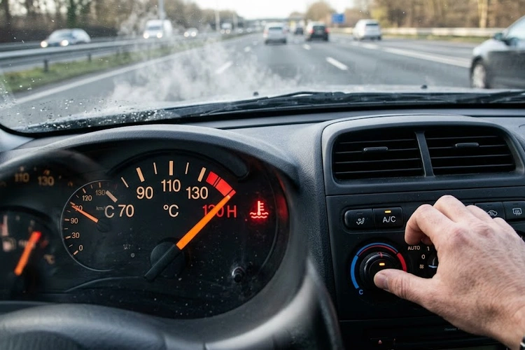 Temperature gauge rising toward the red zone on a car dashboard indicating engine overheating
