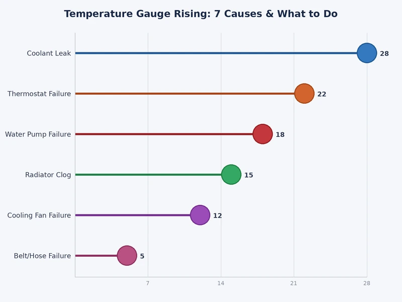 Bar chart comparing the seven most common temperature gauge rising causes by frequency and repair cost