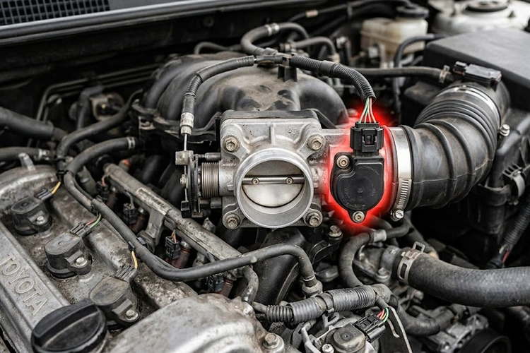 throttle position sensor mounted on throttle body showing common failure symptoms