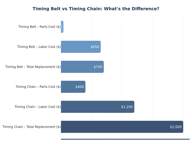 bar chart comparing timing belt vs timing chain lifespan replacement cost and noise level