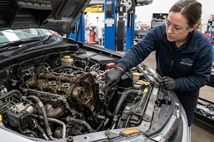 Worn timing chain and tensioner showing timing chain noise symptoms