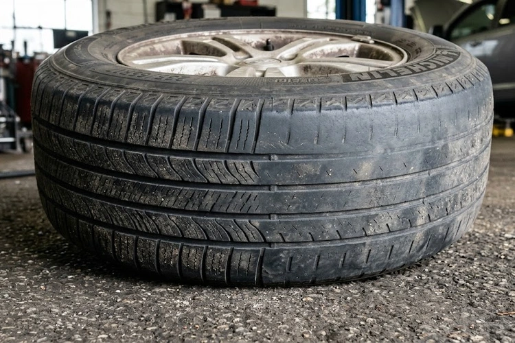 Close-up of a car tire showing uneven tread wear across the surface width