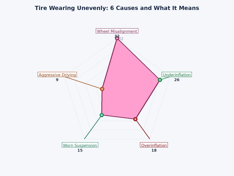 Bar chart showing the six most common causes of uneven tire wear ranked by frequency of diagnosis
