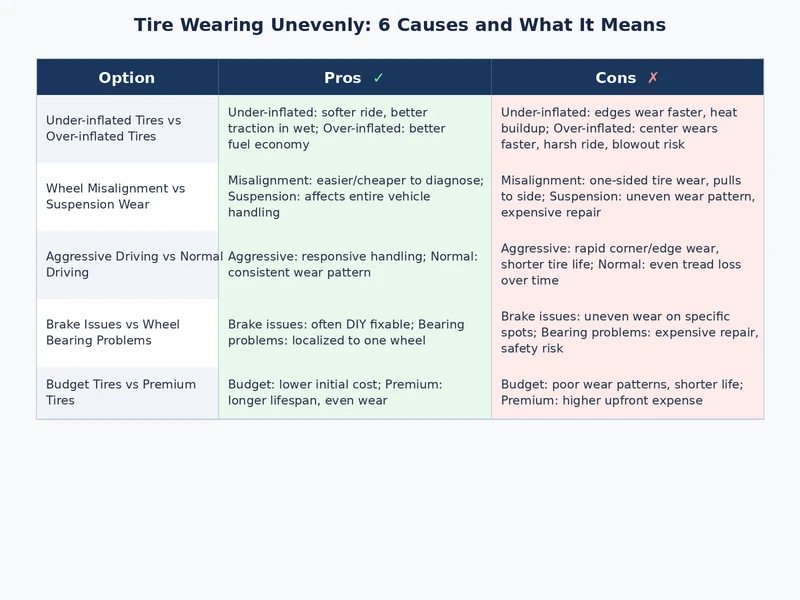 Comparison diagram of six tire wear patterns with their causes and fixes labeled
