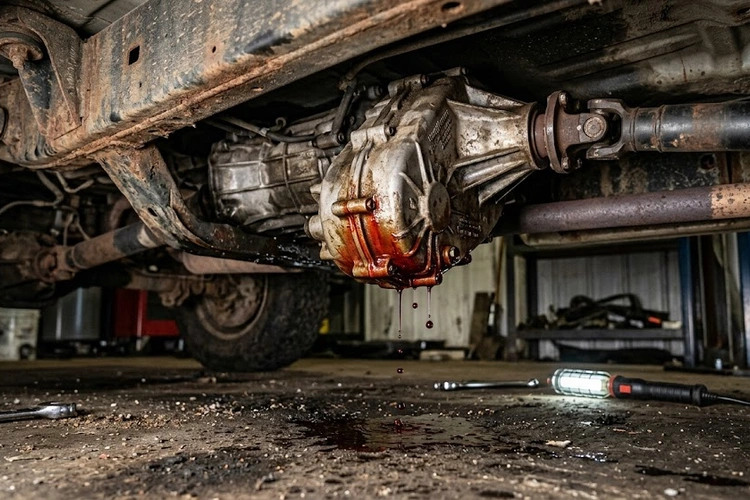 Transfer case fluid leak leaving a dark oily puddle beneath a truck on a garage floor