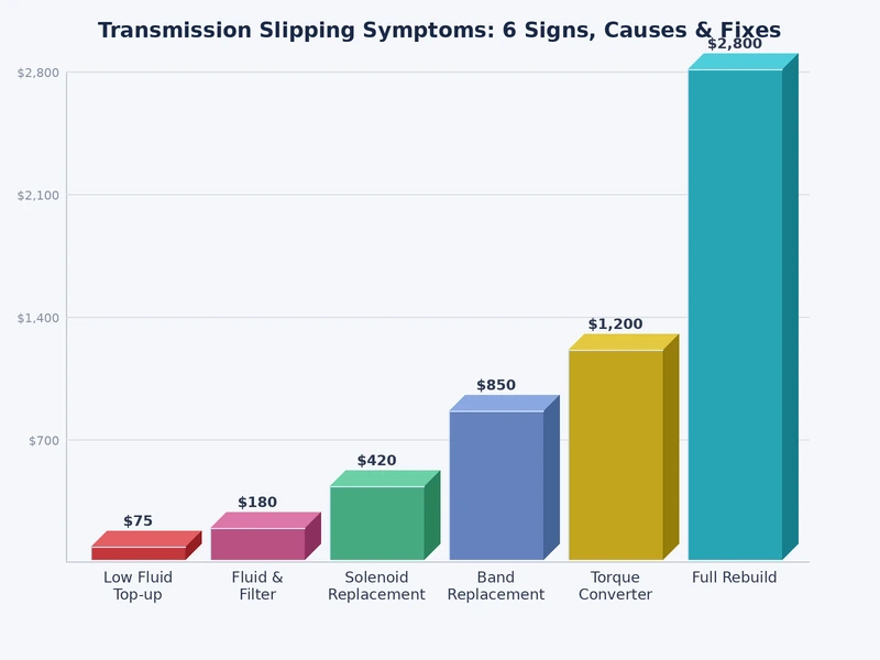 Bar chart comparing frequency of the six most common transmission slipping symptoms in automatic transmissions