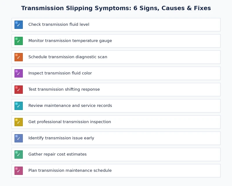 Transmission slipping symptoms diagnostic checklist covering fluid condition, OBD codes, and common causes