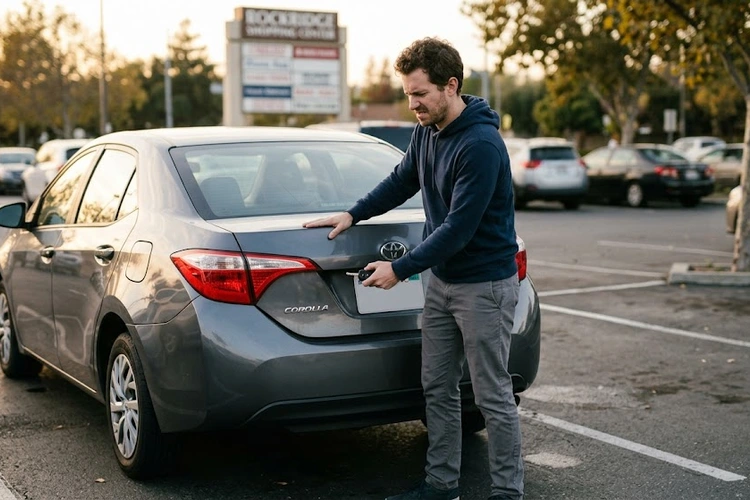 mechanic examining a trunk latch assembly on a sedan when the trunk won't open