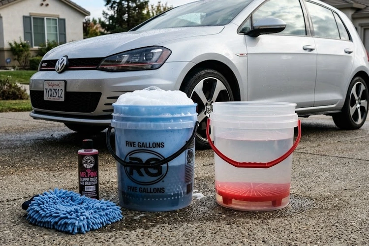 Two bucket car wash method setup with wash bucket and rinse bucket side by side with grit guards