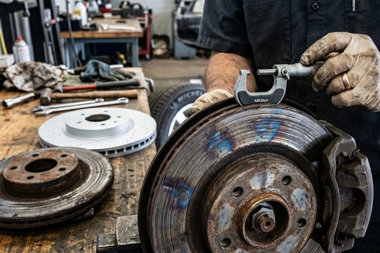 Warped brake rotor showing heat discoloration and surface scoring typical of warped brake rotor symptoms