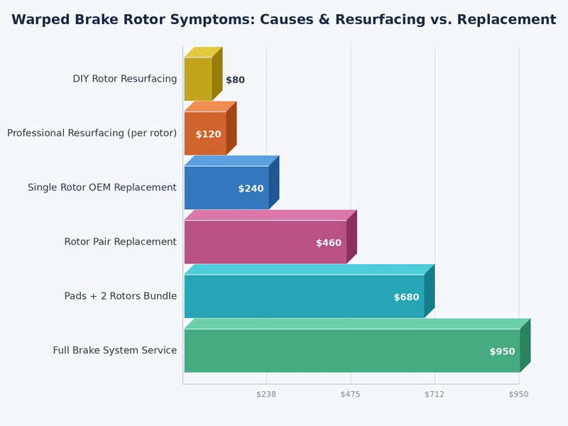 Bar chart comparing rotor resurfacing versus replacement costs, thickness loss, and heat capacity across service intervals