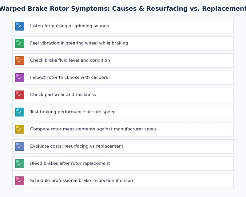 Diagnostic checklist for warped brake rotor symptoms covering pedal feedback, noise, vibration, and visual rotor inspection