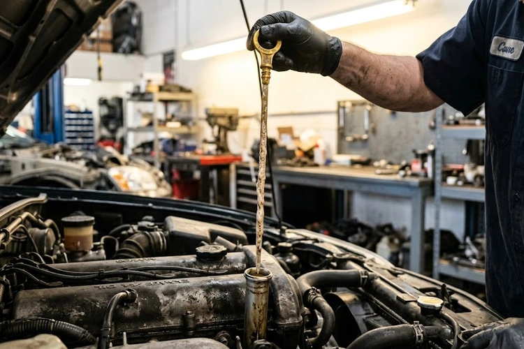 Milky engine oil on dipstick indicating water contamination in engine oil