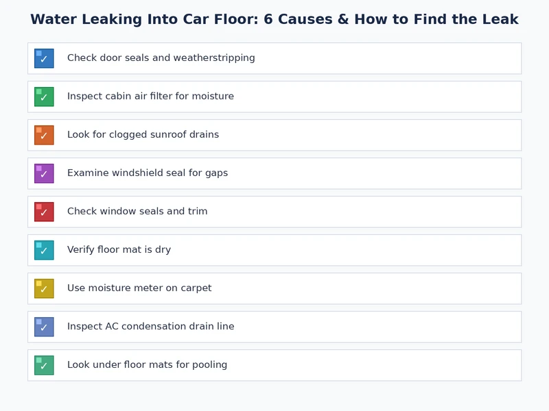 diagnostic checklist for water leaking into car floor showing 6 causes and steps