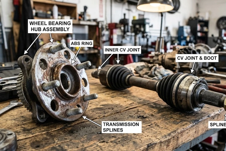Mechanic inspecting wheel hub assembly to diagnose wheel bearing vs CV joint noise