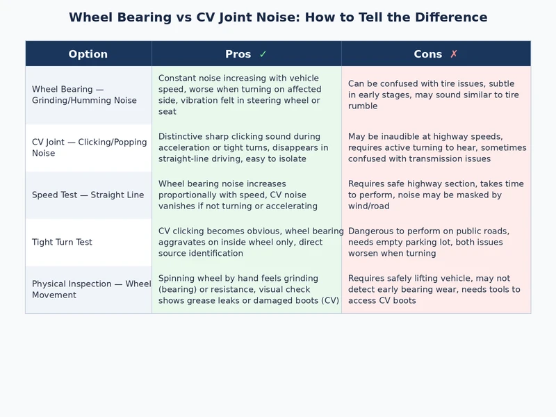 Comparison diagram of wheel bearing assembly and CV joint showing failure points and noise sources