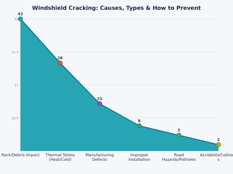 Bar chart showing the most common windshield cracking causes by frequency including road debris, thermal stress, and structural damage