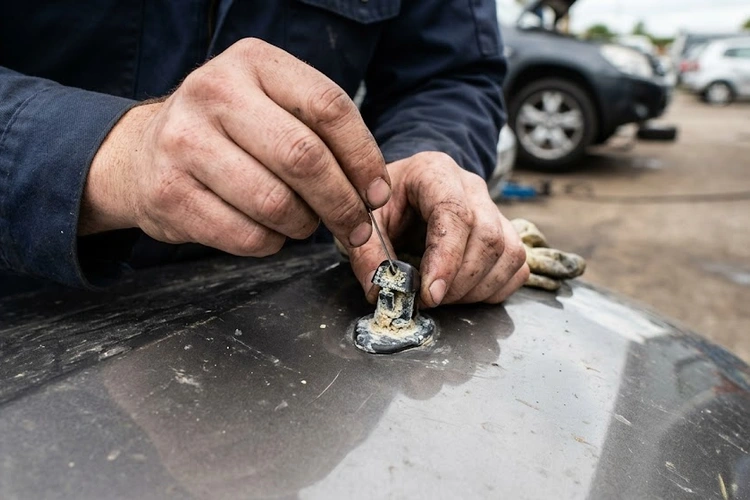 Windshield washer nozzle spraying fluid across car windshield glass
